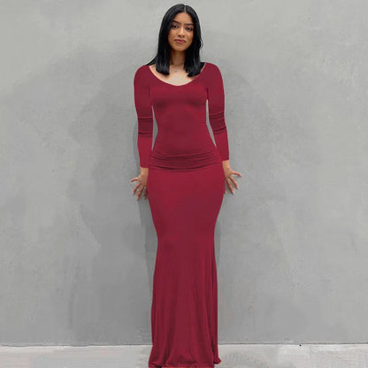2024 Summer Dresses For Women Sexy Black Spaghetti Strap Maxi Wine Red-Long Sleeve