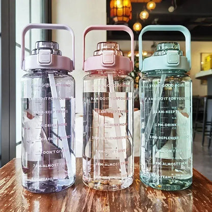 2L Straw Water Bottle With Time Marker Large Capacity