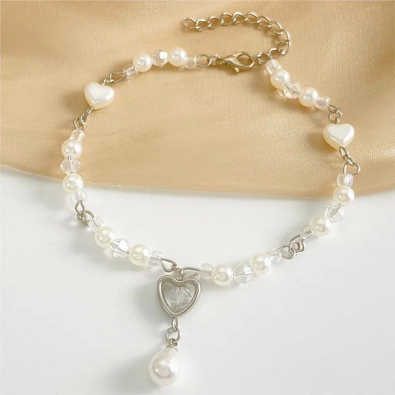 Elegant Simulated Pearl Heart Charm Necklace and Bracelet Jewelry Set for Women