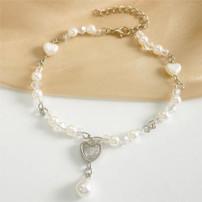 Elegant Simulated Pearl Heart Charm Necklace and Bracelet Jewelry Set for Women