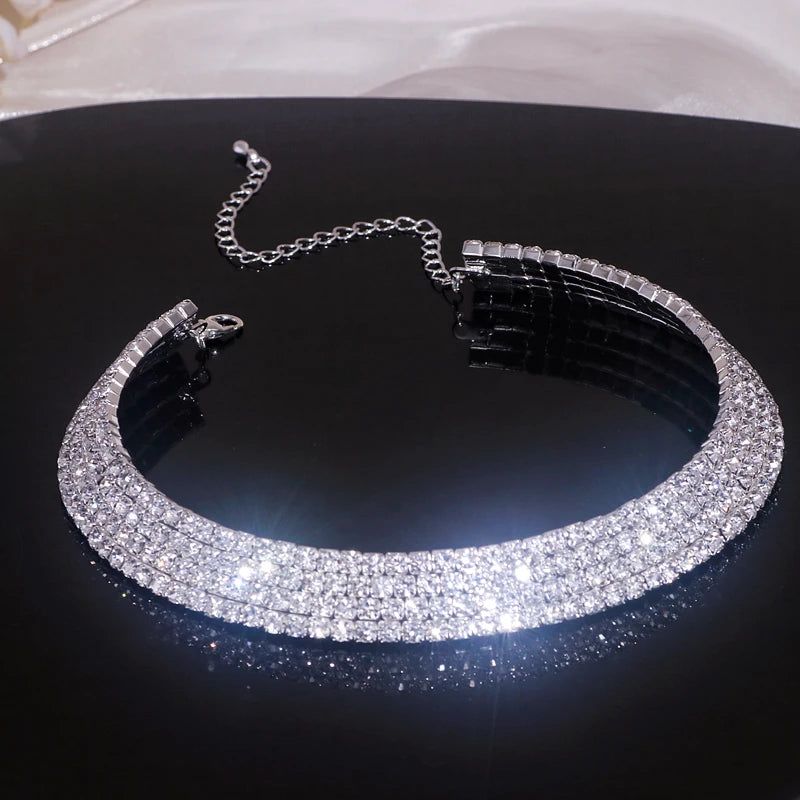 Luxury Round Rhinestone Jewelry Set for Women Classic Silver Necklace Bracelet and Earring Bridal Wedding Accessories