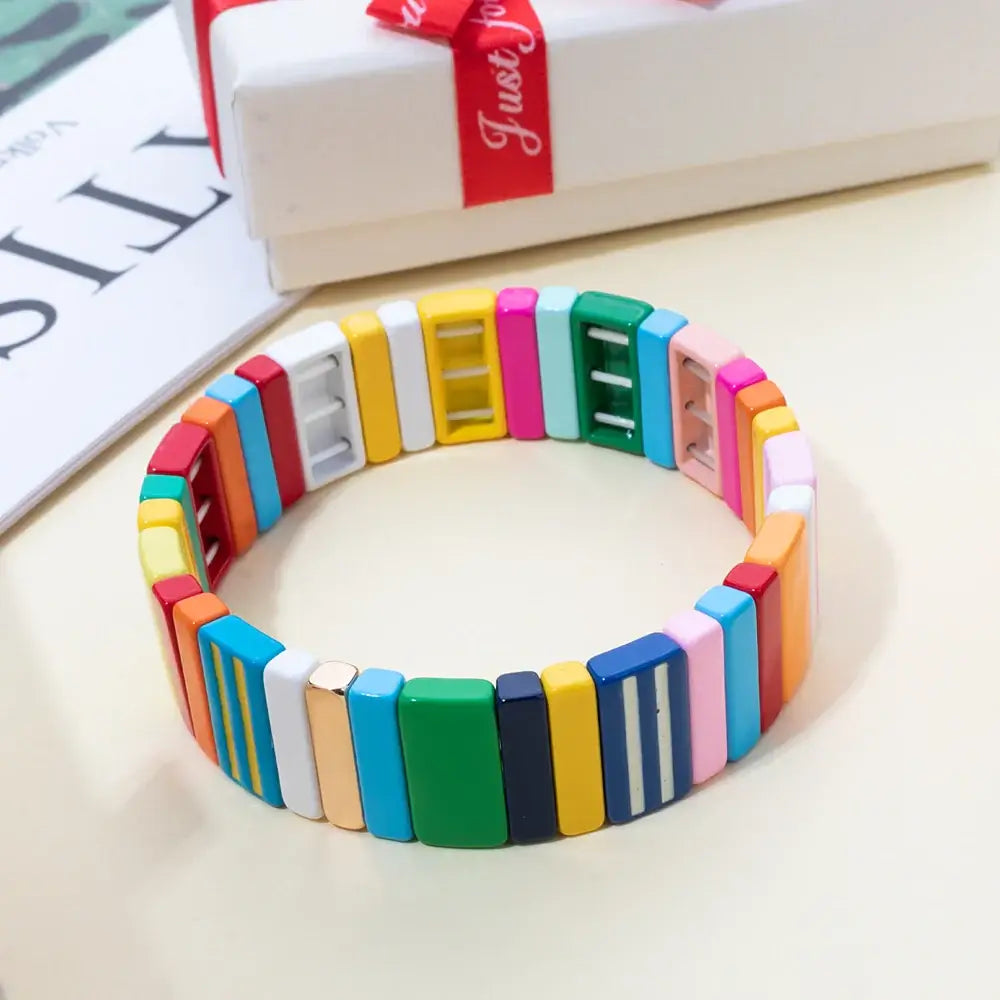2024 Green Enamel Bracelets for Women - Elegant Beaded Elastic Bangles Accessories