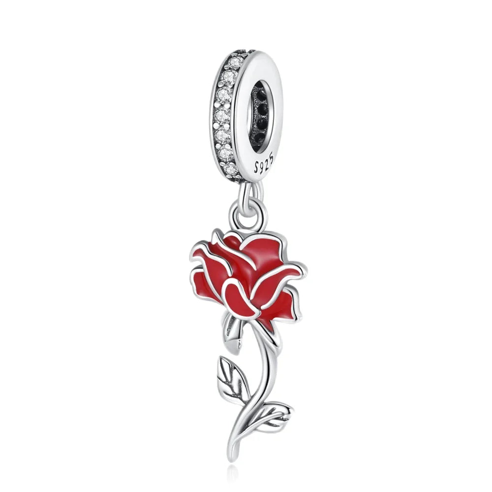 925 Sterling Silver Rose Sakura Flower Dangle Charm with Zircon for DIY Jewelry and Bracelets
