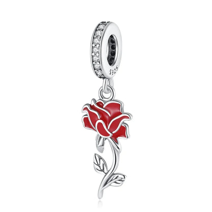 925 Sterling Silver Rose Sakura Flower Dangle Charm with Zircon for DIY Jewelry and Bracelets