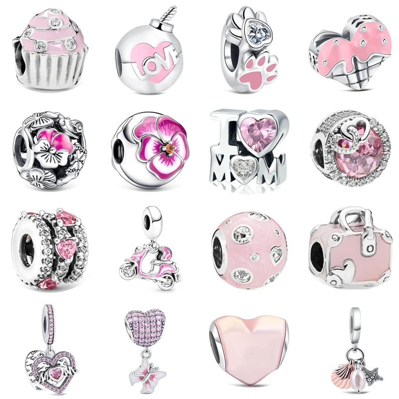 Springtime 925 Silver Pink Flower Ice Cream Charm Pendant for DIY Bracelets