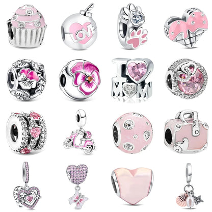 Springtime 925 Silver Pink Flower Ice Cream Charm Pendant for DIY Bracelets