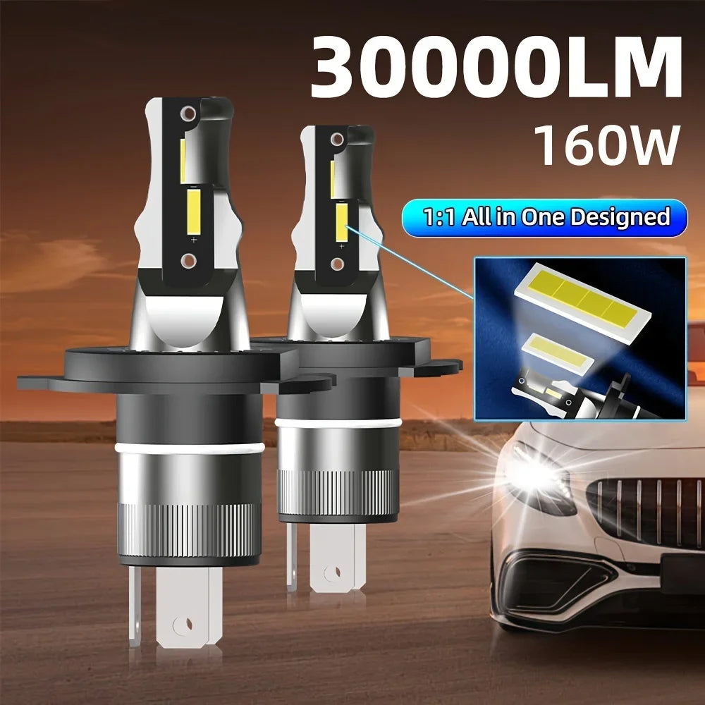 Ultra-Bright H4 LED Headlight Bulbs 30000LM 6000K White with CSP Chips and Built-In Fan