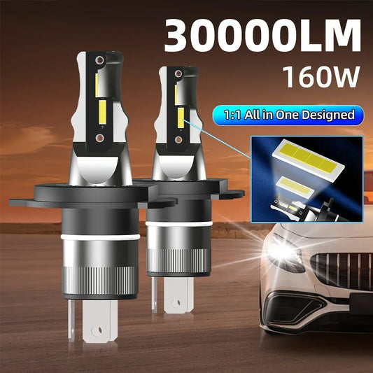 Ultra-Bright H4 LED Headlight Bulbs 30000LM 6000K White with CSP Chips and Built-In Fan