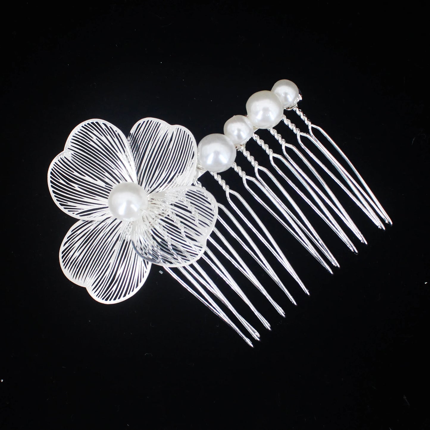 Bridal Bliss Flower Pearl Hair Comb Pins - 2PCS Wedding Accessories Flower P Silver