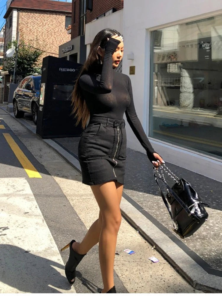 2025 High Quality Slim Sheer Turtleneck Tee For Women