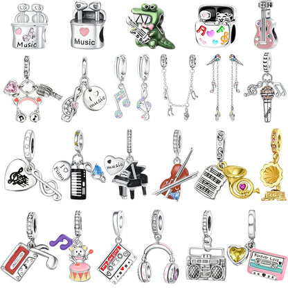 925 Sterling Silver Music Charms Beads Musical Note Piano Guitar Headset Earrings Pendants for DIY Bracelet Fine Jewelry Gift