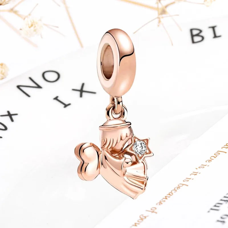 Rose Gold Winged Angel Heart Charm Bead Pink Daisy Spacer