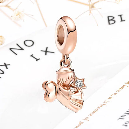 Rose Gold Winged Angel Heart Charm Bead Pink Daisy Spacer