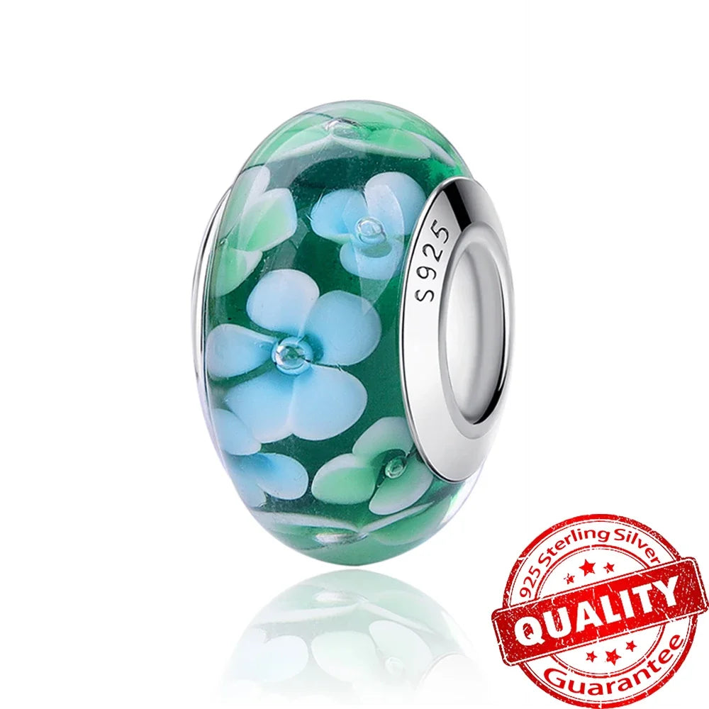 Colorful Flower Murano Glass Charm 925 Sterling Silver Top Rated DIY Jewelry for Bracelets and Necklaces LLZ007-GN