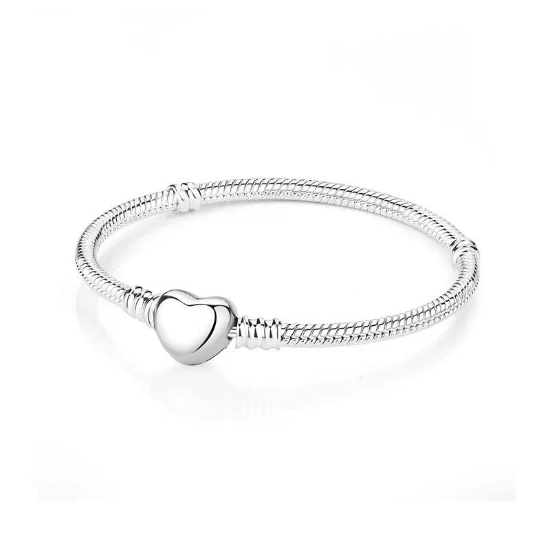 925 Sterling Silver Heart Lock Snake Bone Chain Bangle Women’s Classic Zircon Bracelet Fine Jewelry Party Gift