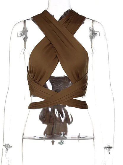 Women Cross Over Strappy Halter Crop Top Backless Wrap Vest