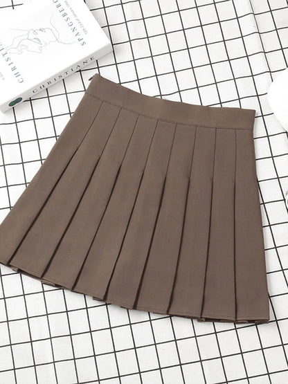 Brown High Waist Pleated Mini Skirt Harajuku Korean Style