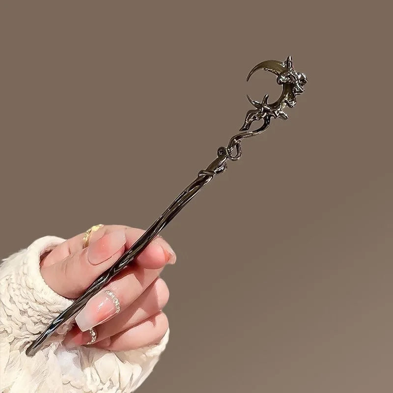 Elegant Black Crystal Moon Tassel Hair Stick For Women Retro Floral Hanfu Hairpin