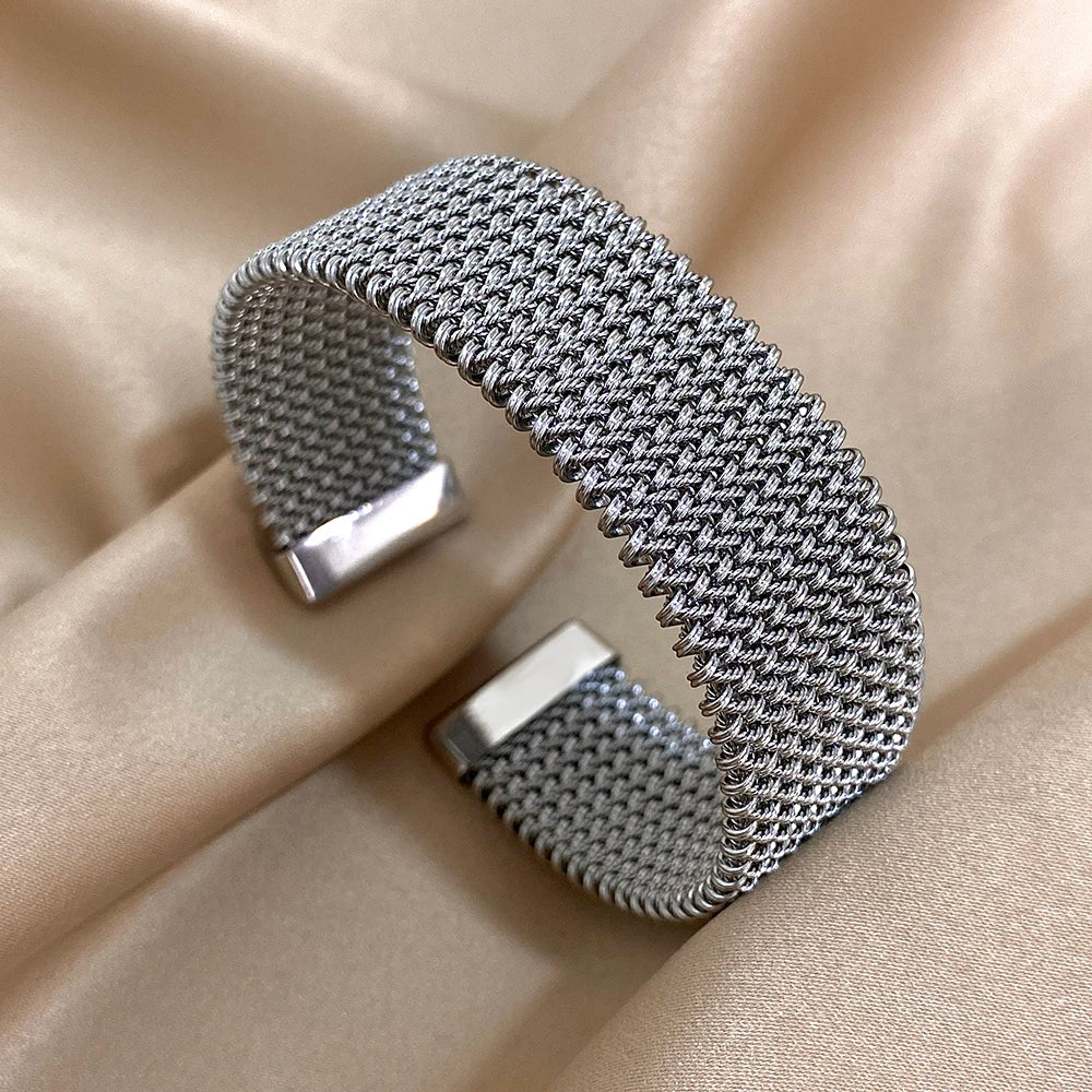Vintage Punk Stainless Steel Mesh Cuff Bracelet for Women and Men
