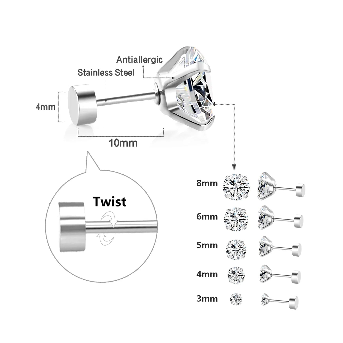 LUXUSTEEL Men's Crystal Zircon Stud Earrings 316L Stainless Steel Anti Allergic Cartilage Piercing 3-8mm