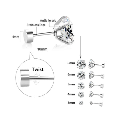 LUXUSTEEL Men's Crystal Zircon Stud Earrings 316L Stainless Steel Anti Allergic Cartilage Piercing 3-8mm