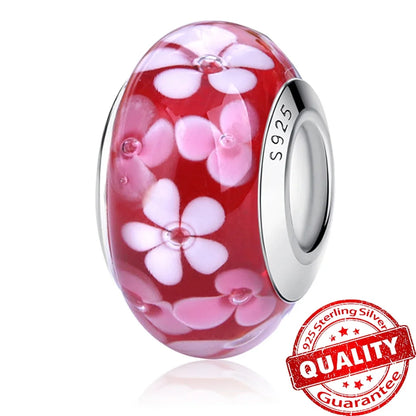 Colorful Flower Murano Glass Charm 925 Sterling Silver Top Rated DIY Jewelry for Bracelets and Necklaces LLZ007-RD