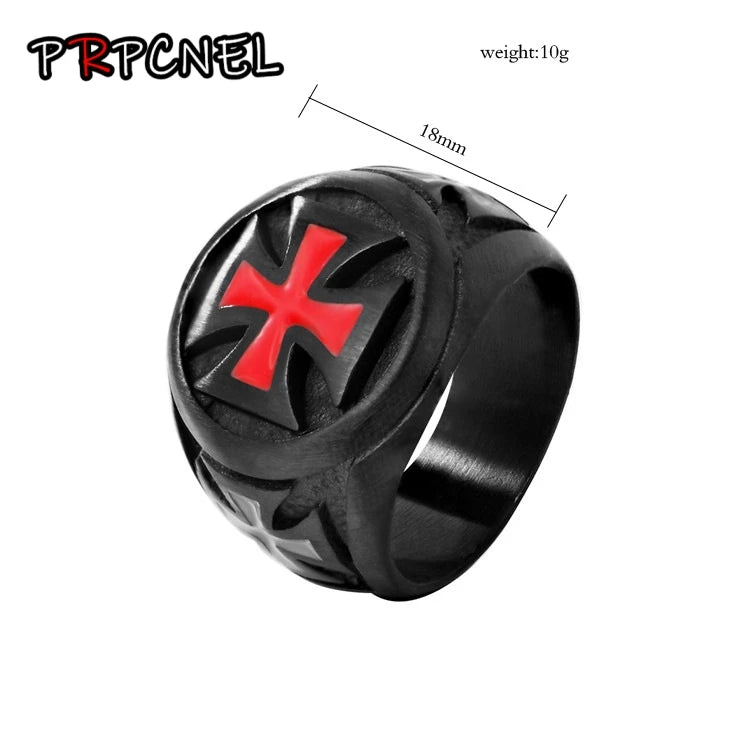 Men's Stainless Steel Black Ring with Red Armor Shield and Crusader Cross Design