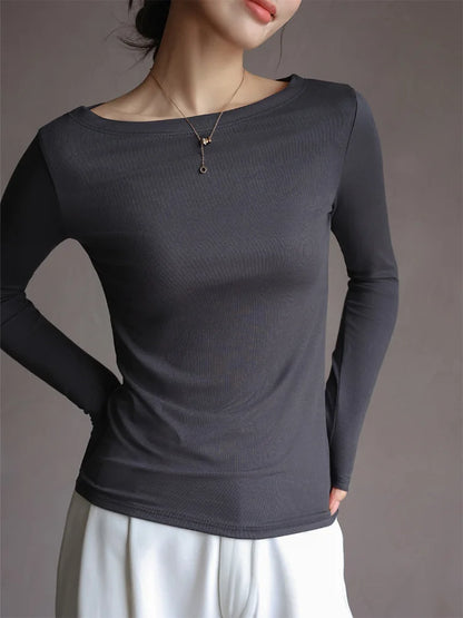 Dozw Women Slim Fit Modal T Shirt Slash Neck Korean Top