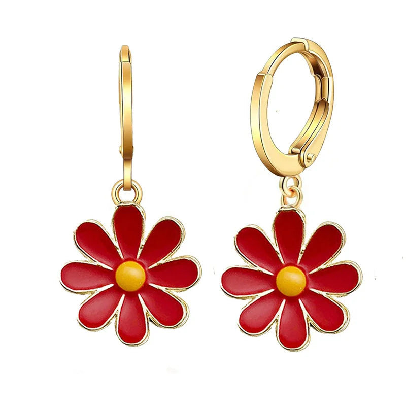 Vintage Daisy Flower Hoop Earrings with Delicate Enamel Sunflower Pendant for Women and Girls Summer Jewelry