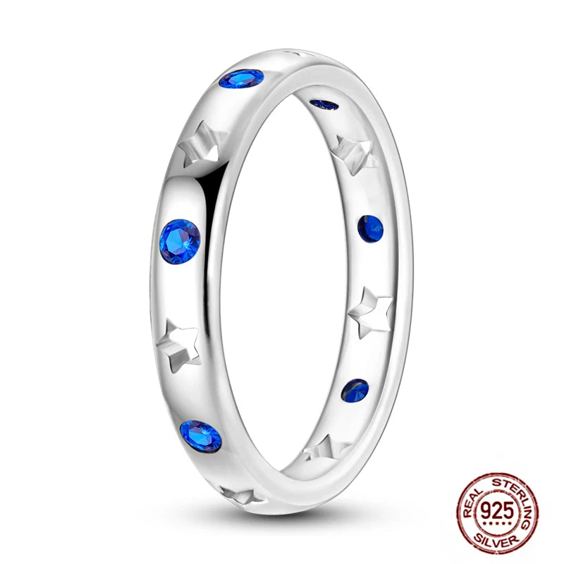 Hot Blue Zircon Ring for Women in 925 Sterling Silver Sparkling Star and Moon Design Wedding Jewelry LLTR152