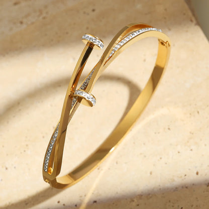 Gold Crystal Nail Head Cross Stainless Steel Women's Cuff Bracelet