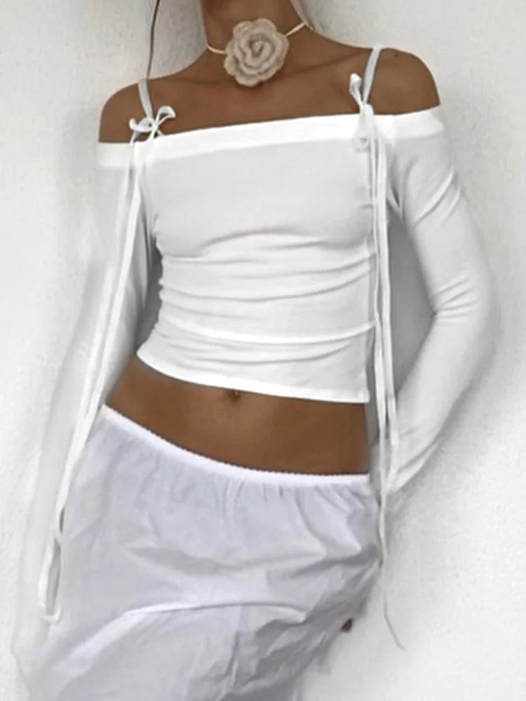 Sexy Bow Off Shoulder Skinny Top for Women Y2K Streetwear