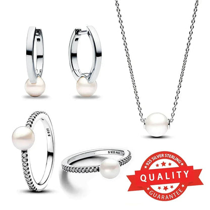 Sterling Silver 925 Freshwater Pearl Necklace and Earrings Set with Zircon Stones