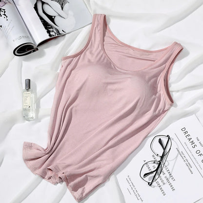 2023 Women’s Slim Fit Vest Tops with Built-In Bra Padded Neck Tank Casual Solid Color Shirts