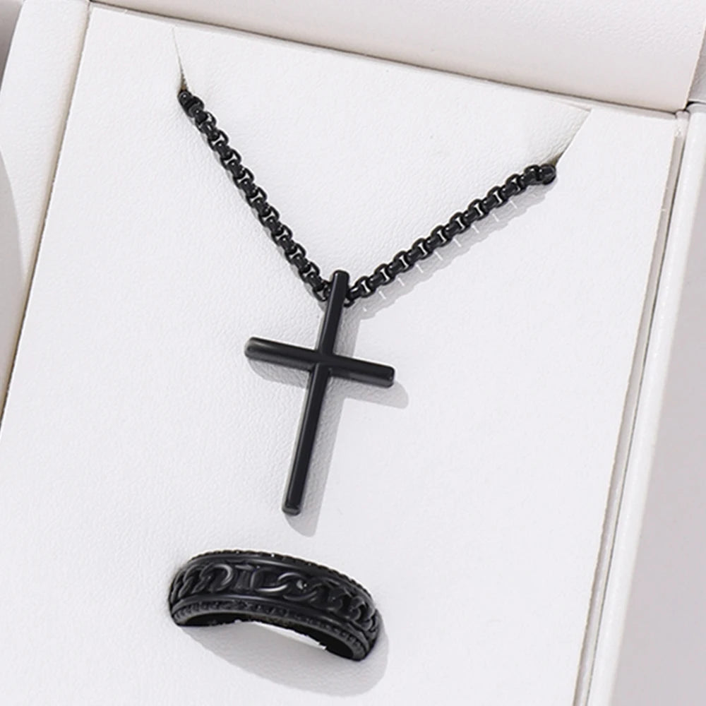 Men's Stylish Black Stainless Steel Cross Necklace, Ring, and Bracelet Set - Non-Fading Jewelry for Weddings and Parties