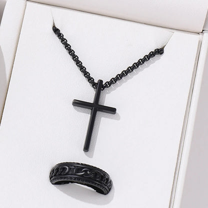 Men's Stylish Black Stainless Steel Cross Necklace, Ring, and Bracelet Set - Non-Fading Jewelry for Weddings and Parties