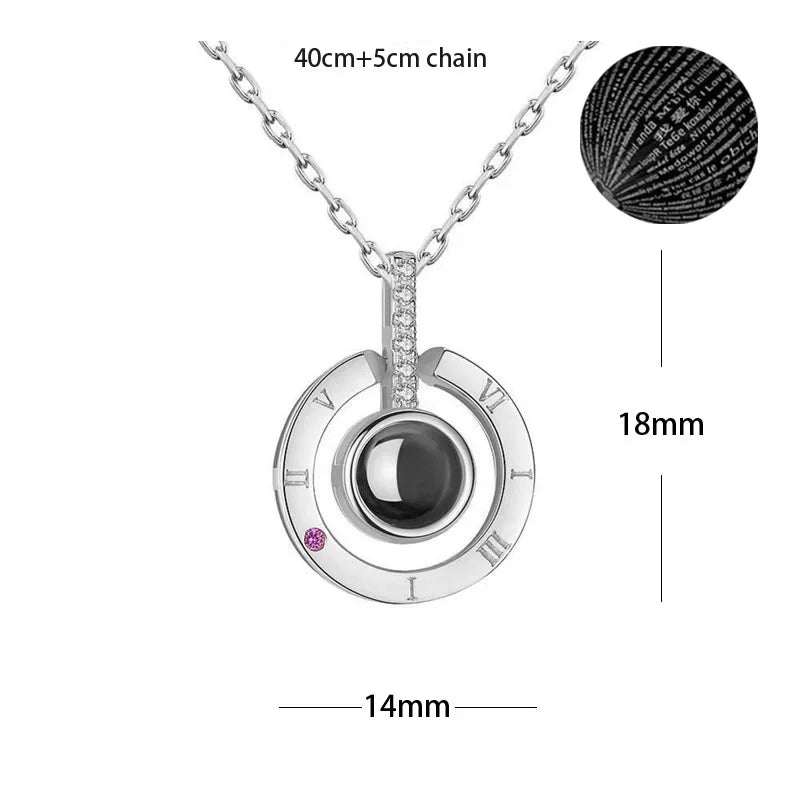 100 Languages I Love You Heart Pendant Necklace Romantic Projection Jewelry Gift for Women Roman Numerals Round 40cm plus 5cm