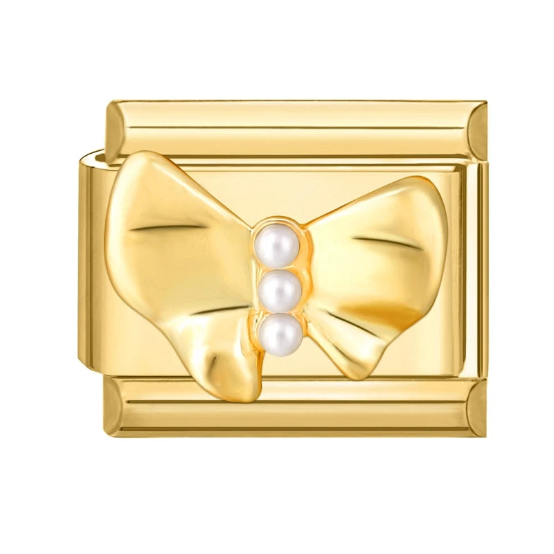 Golden 3D Bow Crown Flowers Pearl Charms for 9mm Italian Bracelet Stainless Steel DIY Jewelry