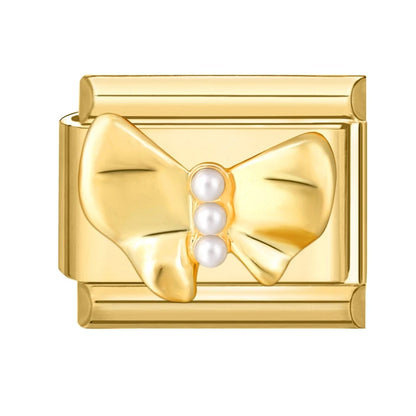 Golden 3D Bow Crown Flowers Pearl Charms for 9mm Italian Bracelet Stainless Steel DIY Jewelry