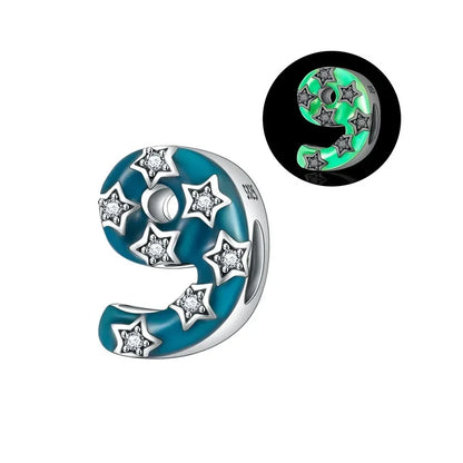 925 Sterling Silver Numeral Noctilucent Zircon Bead Dangle Charm for Bracelet and Necklace Gift