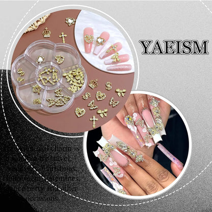80Pc Gold 3D Nail Charms Kit Crown Butterfly Cross Crystal