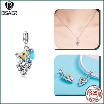 BISAER Ocean Charm 925 Sterling Silver Dolphin and Mermaid Bead with Blue CZ for DIY Jewelry ECC959 CHINA