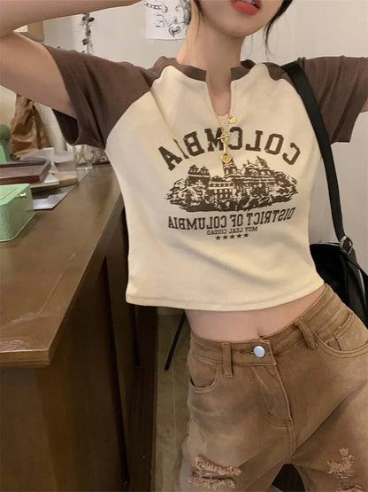 Dozw Vintage Printed Crop Top Women Y2K Aesthetic Tee