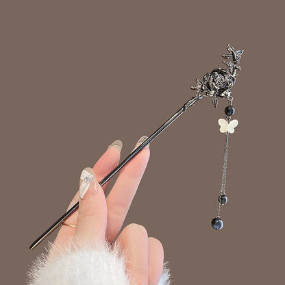 Elegant Ink Flower Tassel Hairpin Forks for Women - Modern Hanfu Hair Jewelry with Black Beads Fringe
