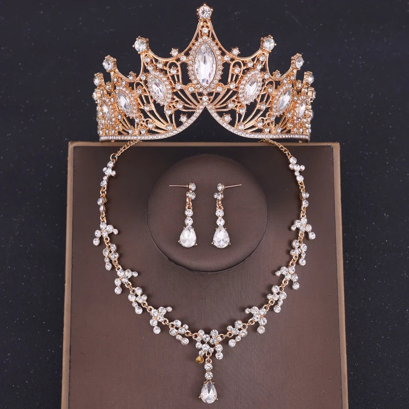 Baroque Crystal Tiara & Crown Jewelry Set - Top-Rated Rhinestone Bridal Accessories Gold 1
