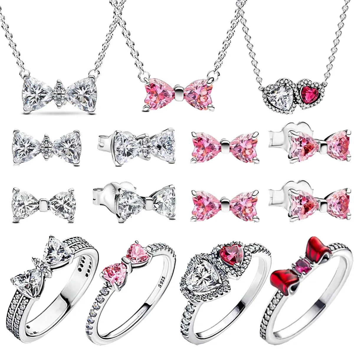 925 Sterling Silver Pink Bow Zircon Jewelry Set Necklace Earrings Bracelet DIY Gift for Women