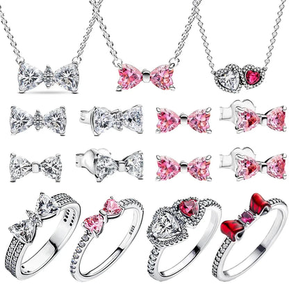 925 Sterling Silver Pink Bow Zircon Jewelry Set Necklace Earrings Bracelet DIY Gift for Women