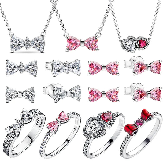 925 Sterling Silver Pink Bow Zircon Jewelry Set Necklace Earrings Bracelet DIY Gift for Women