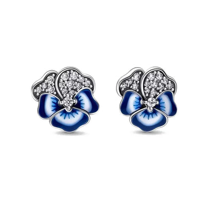 Spring Blue Flower Stud Earrings 925 Sterling Silver Zircon Jewelry for Women P1584