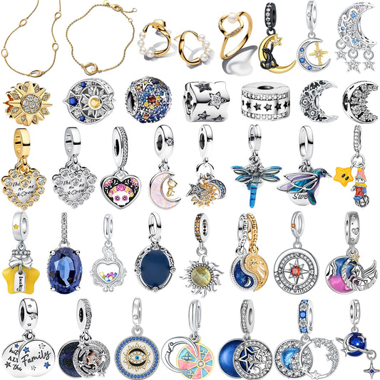 925 Sterling Silver Charms Set Moon Stars Sun Flower Heart Zircon Beads for DIY Jewelry and Gifts